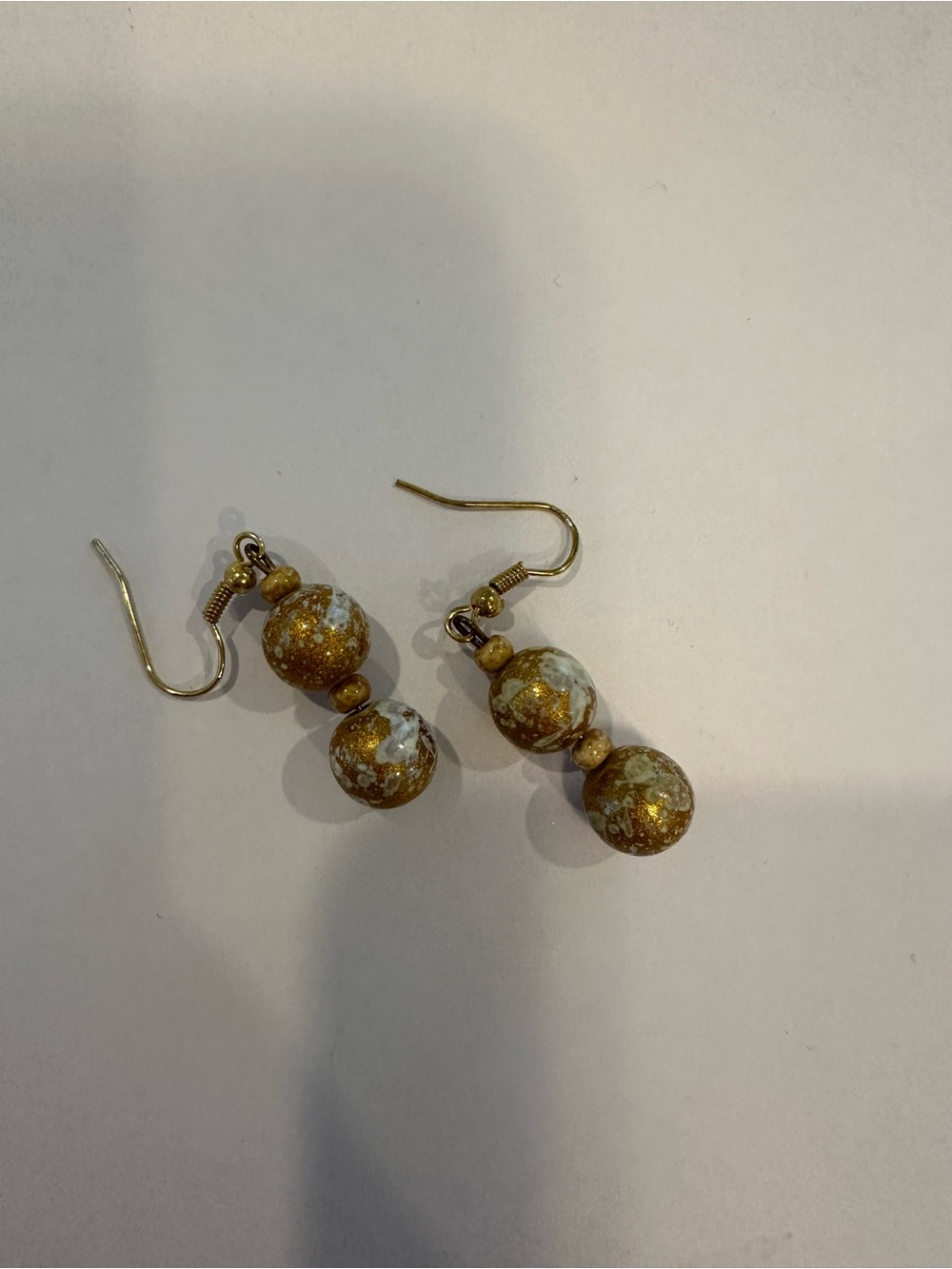 Gold and White Marble Effect Bead Drop Earrings - Women's Jewelry